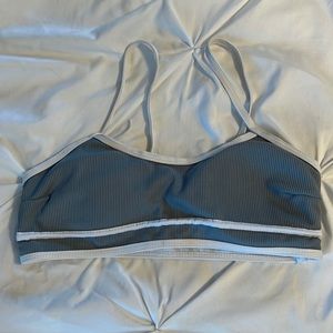 Gray with white piping, ribbed bikini top